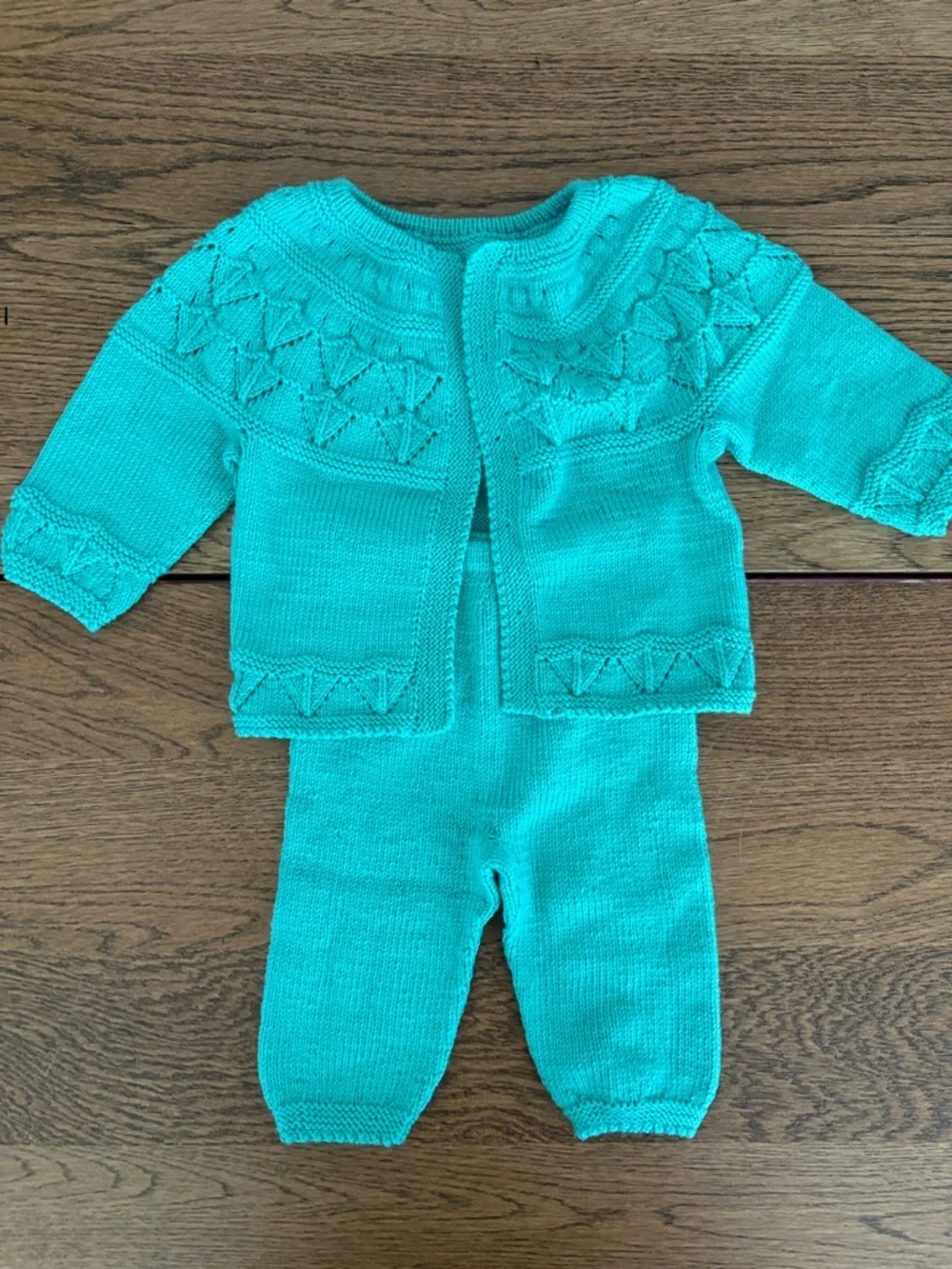 Hand-Knit Baby Cardigan & Pants Set - Bright Teal Turquoise